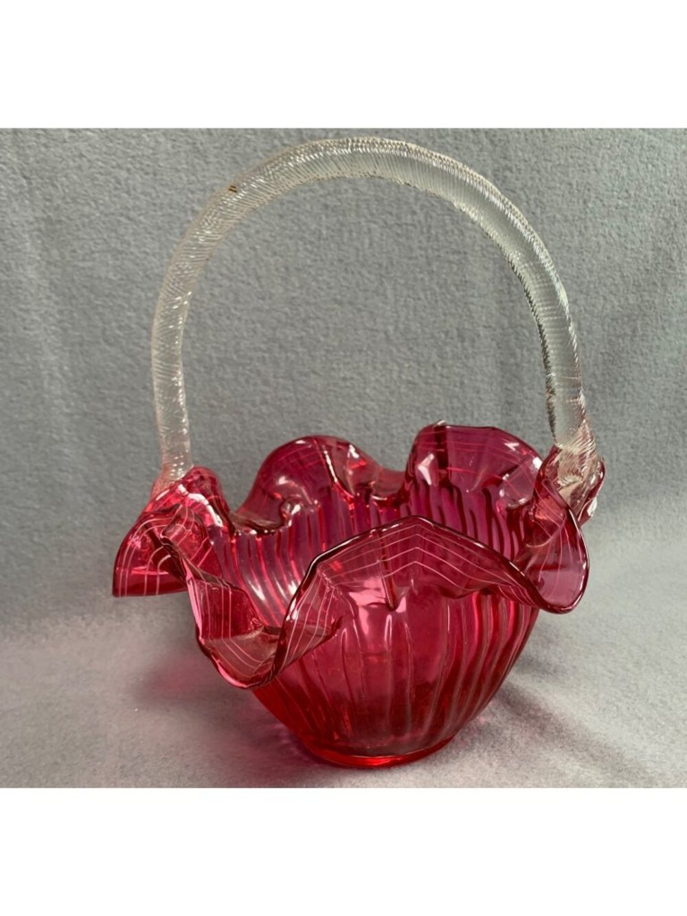 Hand-Blown Cranberry Glass Basket Ruffled Edge & Clear Handle Vintage - Picture 4 of 14